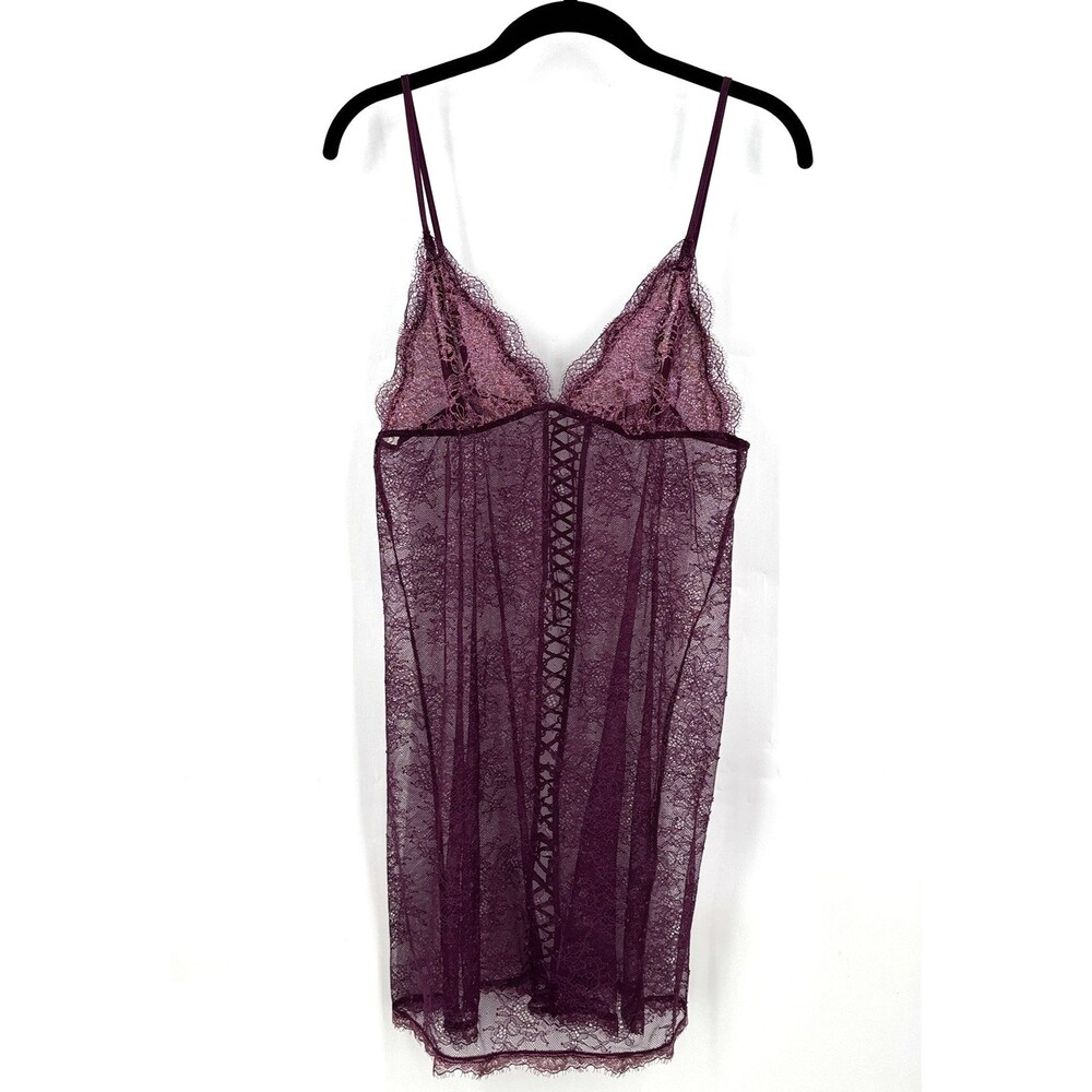 Victoria's Secret Slip Dress Women M Burgundy Lace Metallic Sheer Lingerie Sexy